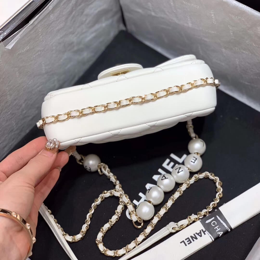 Chanel Small Pearl Logo Strap Flap Bag AS1436 White