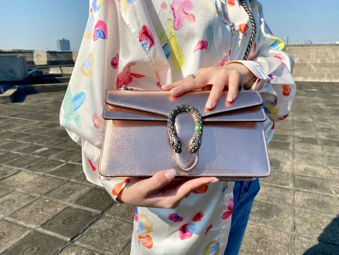 Gucci Dionysus Small Shoulder Bag in Rose Gold Lame Leather 499623