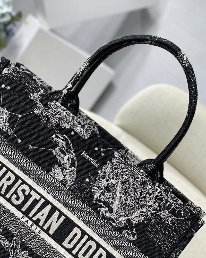 Christian Dior Medium Book Tote Black Toile de Jouy Zodiac Embroidery M1296