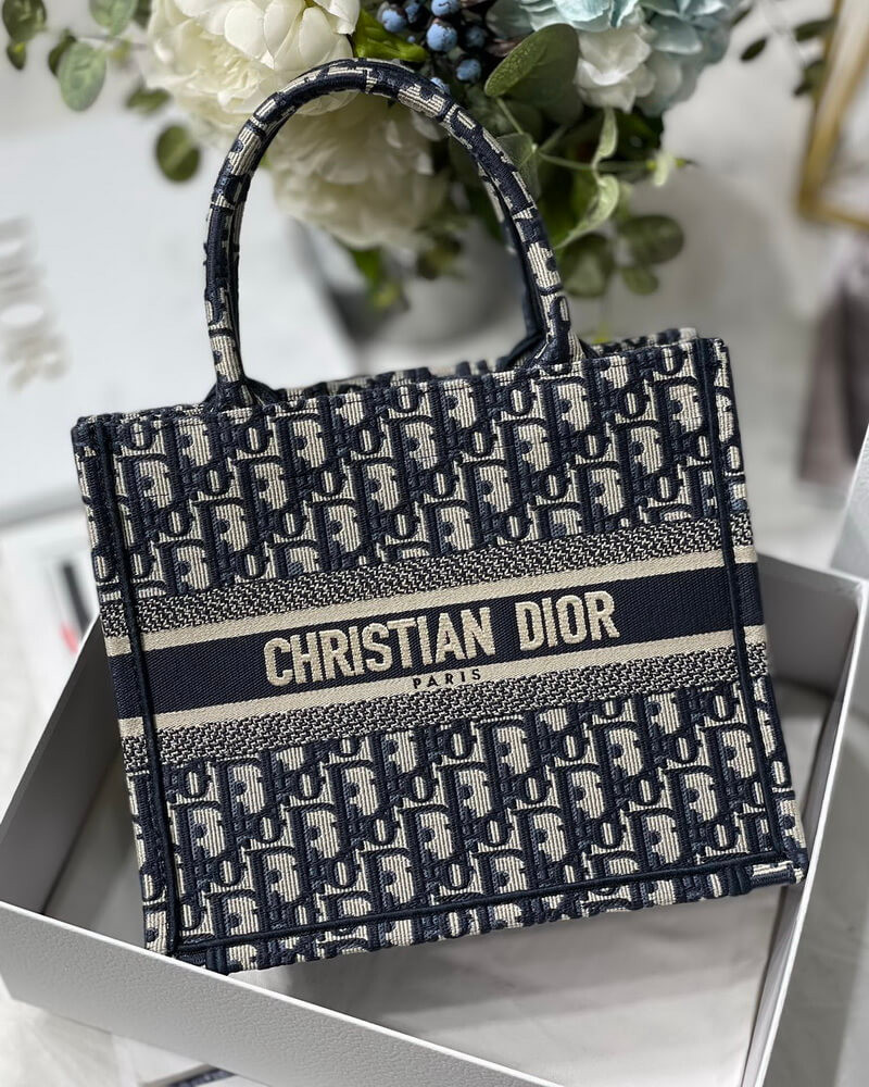 Christian Dior Small Book Tote Bag 26cm Oblique Embroidery Blue