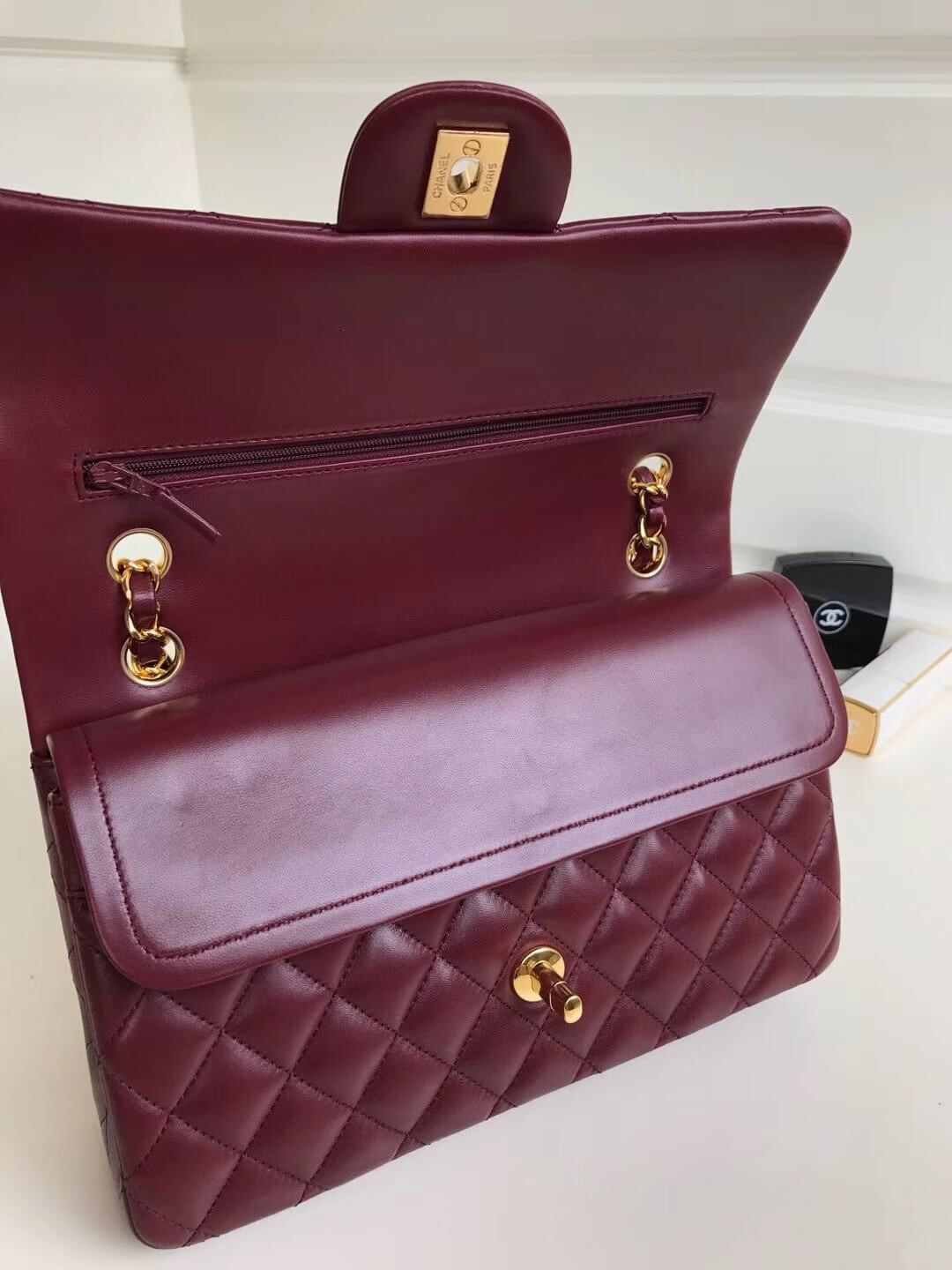 Chanel 1112 Burgundy Medium Size 2.55 Lambskin Leather Flap Bag