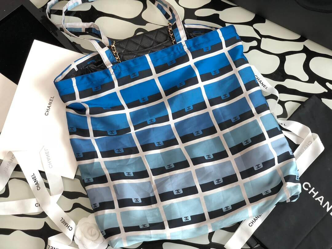 Chanel Printed Fabric Foldable Tote Bag With Chain AP2095 Blue