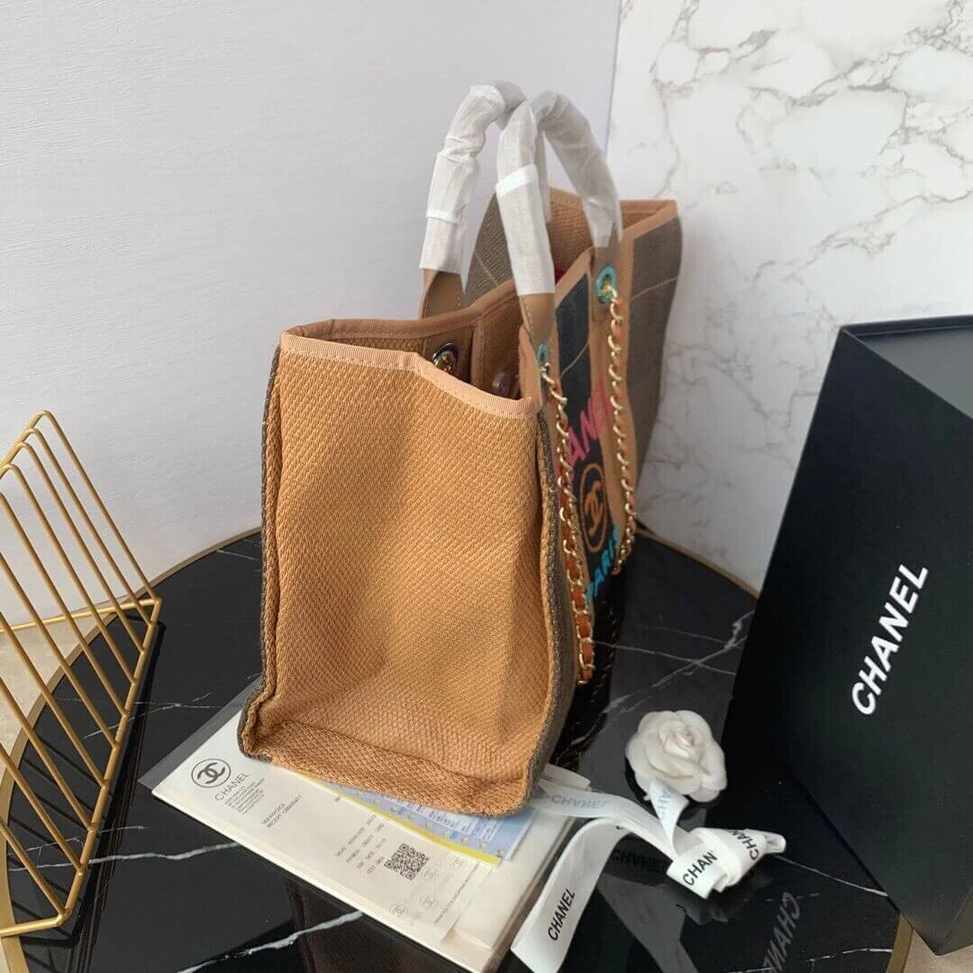 Chanel Straw Raffia Calfskin Striped Large Deauville Tote A93786