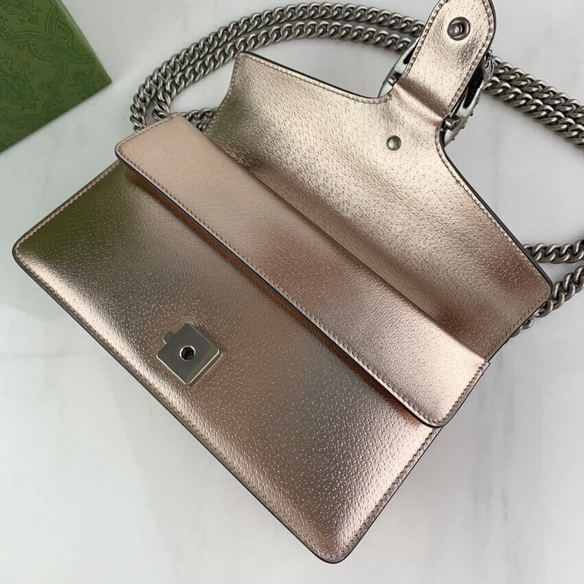Gucci Dionysus Small Shoulder Bag in Rose Gold Lame Leather 499623