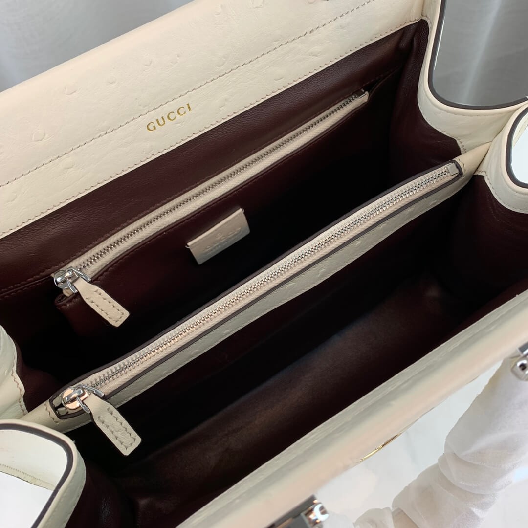 Gucci Zumi Ostrich Leather Medium Top Handle Bag 569712 White