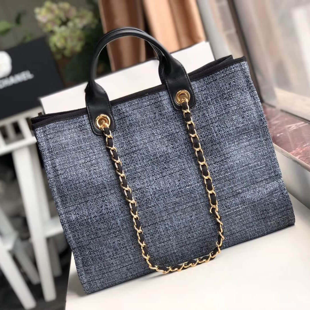 Chanel Deauville Tote 38cm Canvas Bag A66941 Grey Blue