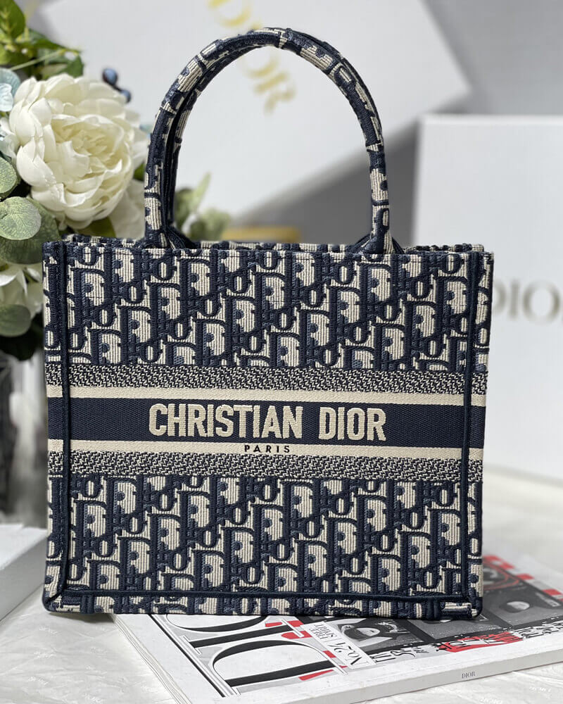 Christian Dior Small Book Tote Bag 26cm Oblique Embroidery Blue