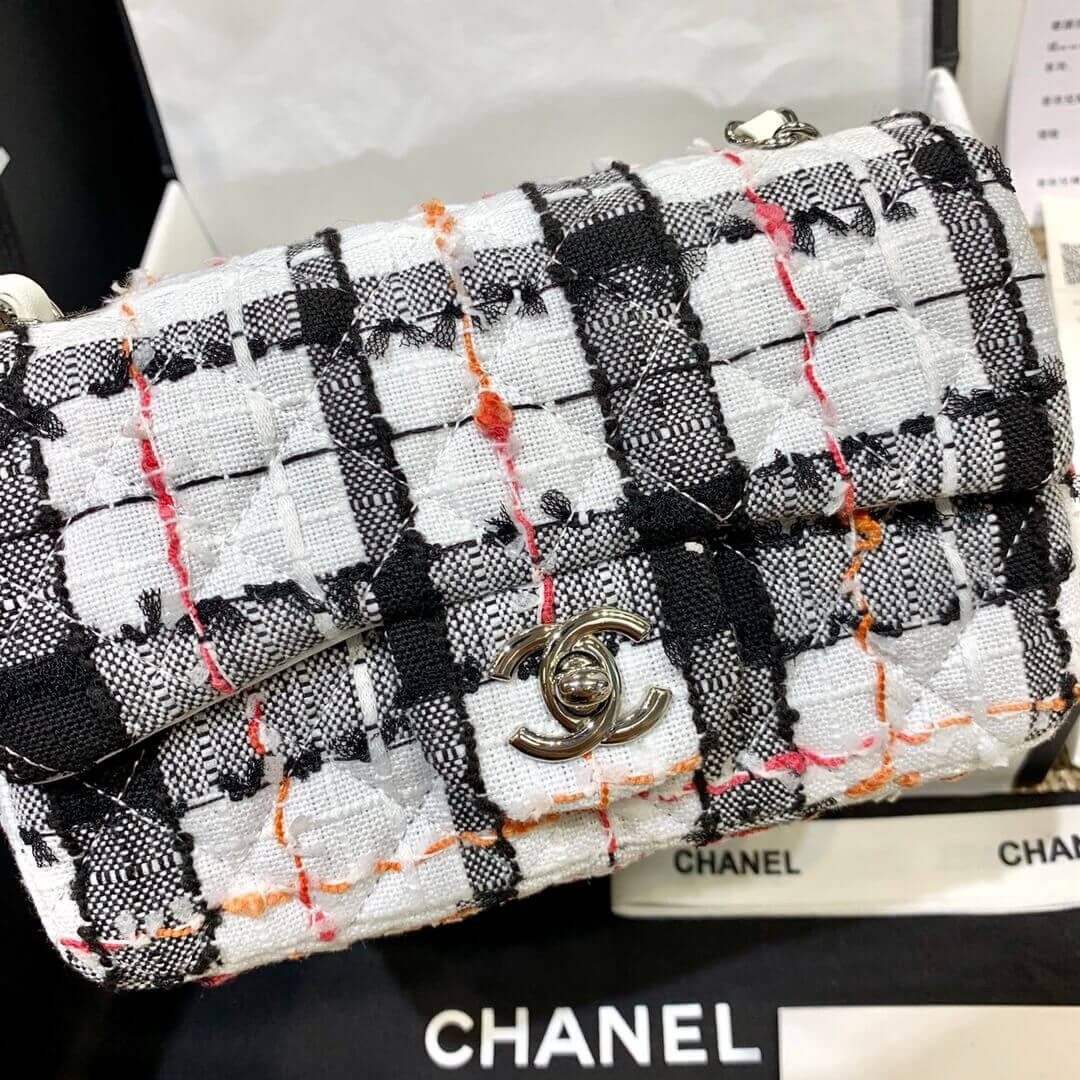Chanel Tweed 20cm Classic Flap Bag A01116 White/Black