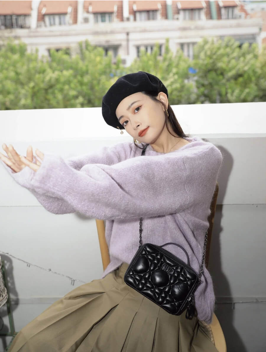 Christian Dior Caro Box Bag With Chain Black Quilted Macrocannage Calfskin S5140