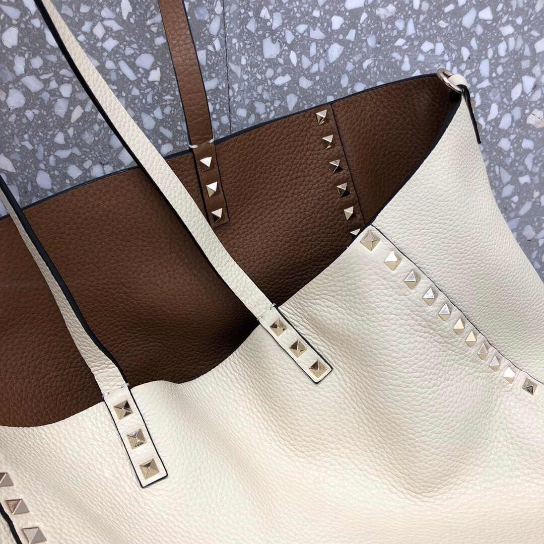 Valentino Garavani Medium Double Rockstud Reversible Tote Bag 0067J  Brown/White