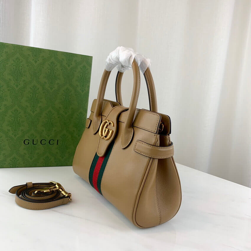 Gucci Small Top Handle Bag with Double G in Brown Leather 658450