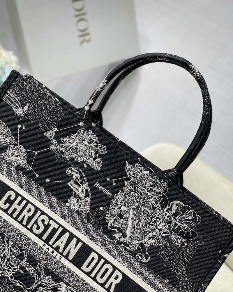 Christian Dior Large Book Tote Black Toile de Jouy Zodiac Embroidery M1286