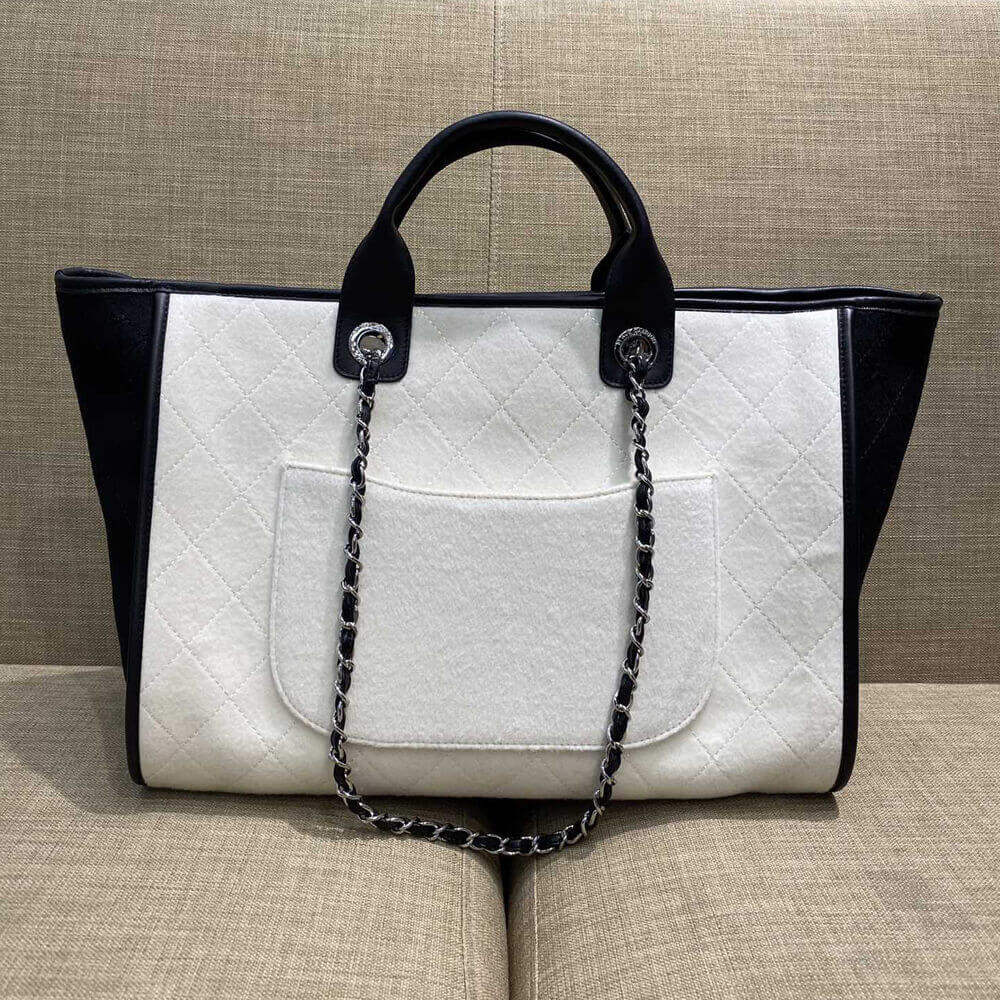 Chanel Wool Felt Deauville Shopping Bag A60598 White/Black