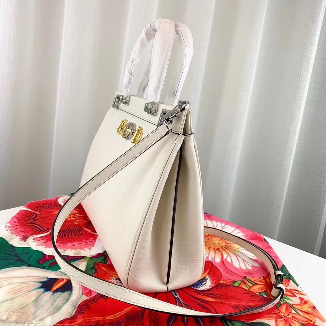 Gucci Zumi Ostrich Leather Medium Top Handle Bag 564714 White