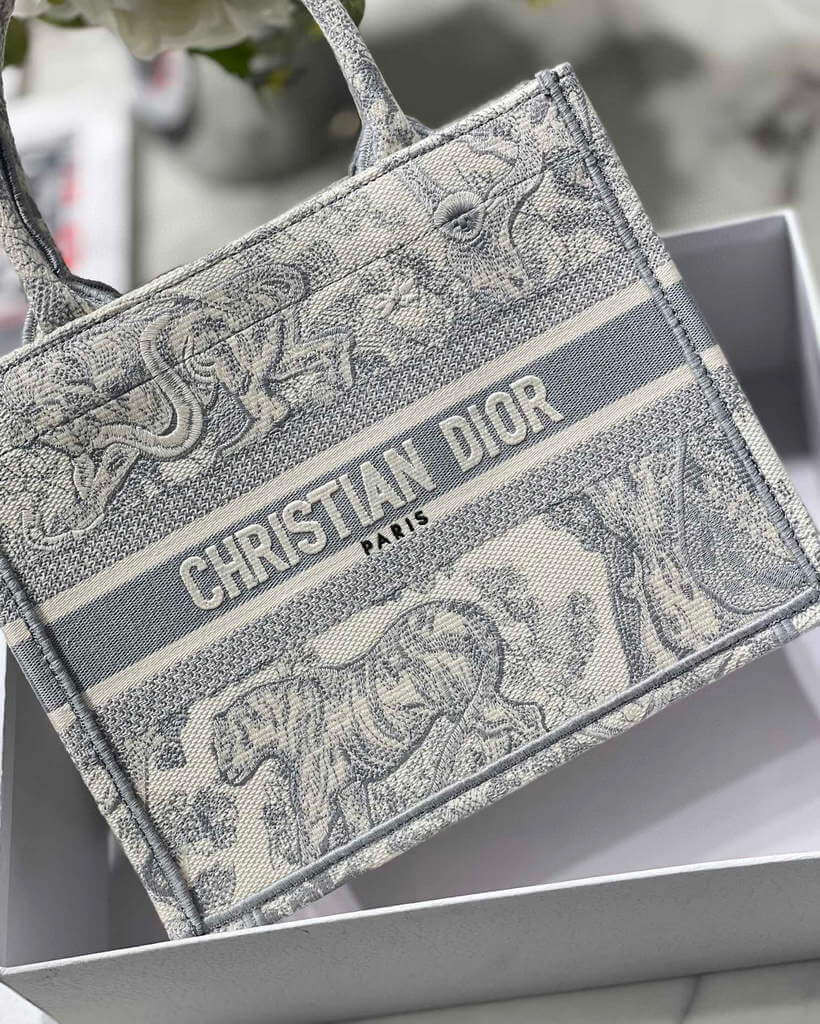Christian Dior Small Book Tote Bag 26cm Toile De Jouy Reverse Embroidery Grey