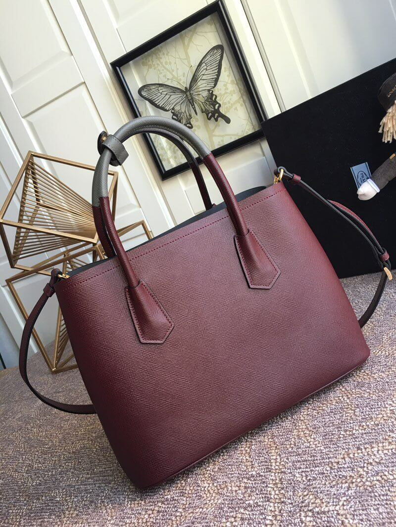 Prada Two-Tone Saffiano Leather Double Bag 1BG775 Burgundy/Grey