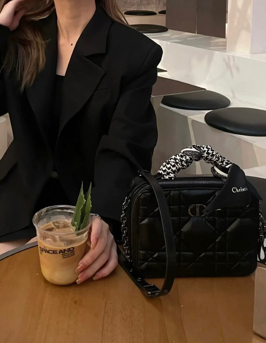 Christian Dior Caro Box Bag With Chain Black Quilted Macrocannage Calfskin S5140