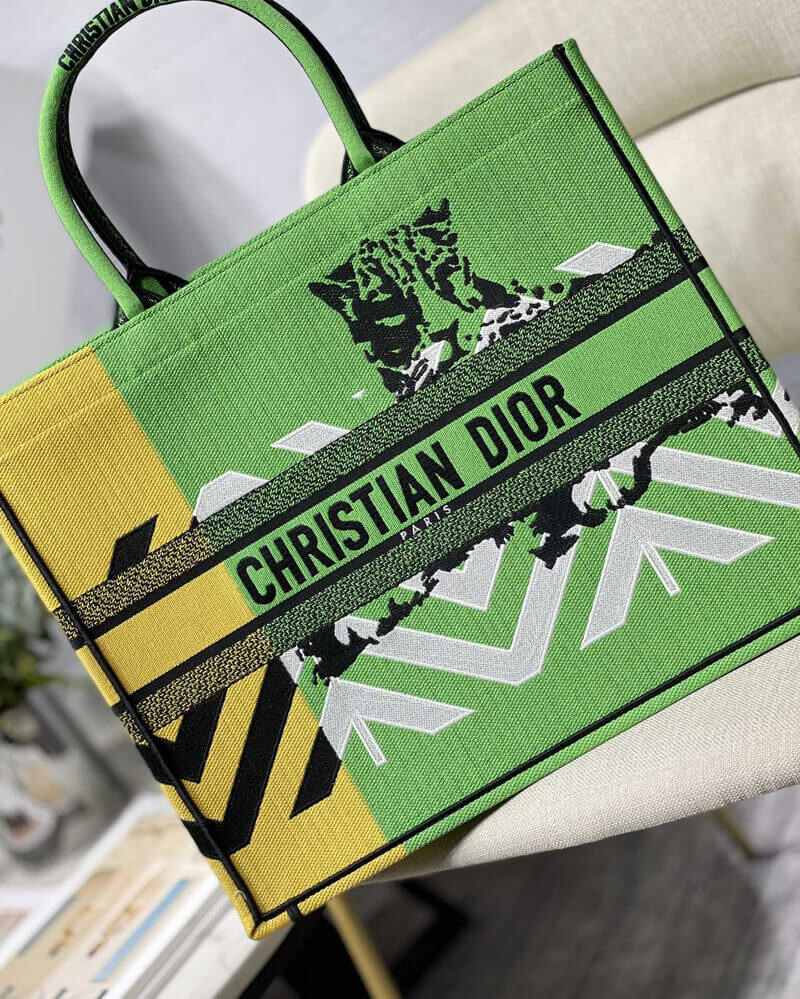 Christian Dior Large Book Tote Bright Green and Orange D-Jungle Pop Embroidery M1286