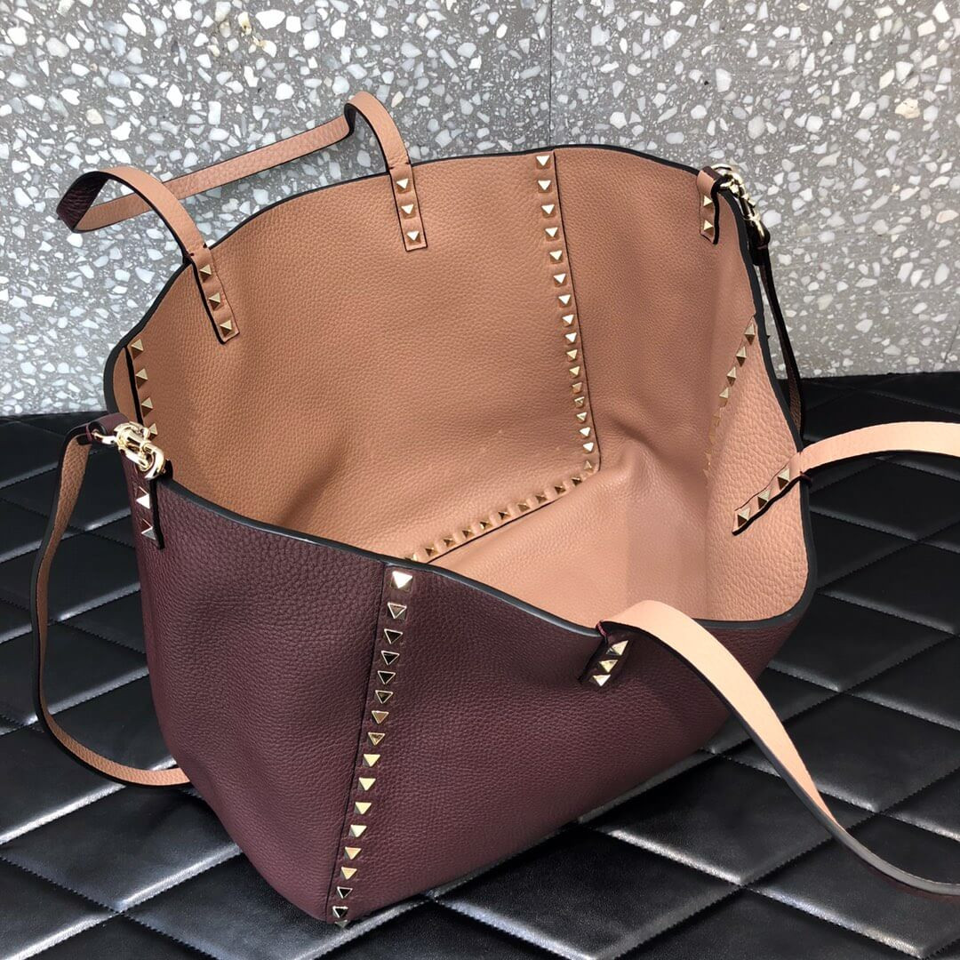 Valentino Garavani Medium Double Rockstud Reversible Tote Bag 0067J Apricot/Burgundy
