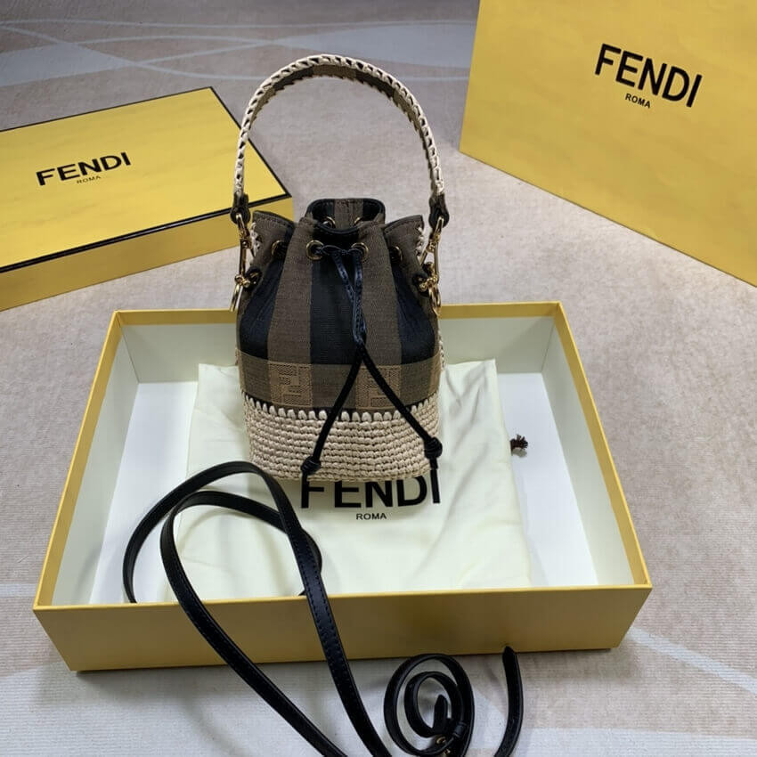 Fendi Brown Mon Tresor Mini Canvas & Raffia Bucket Bag 2028