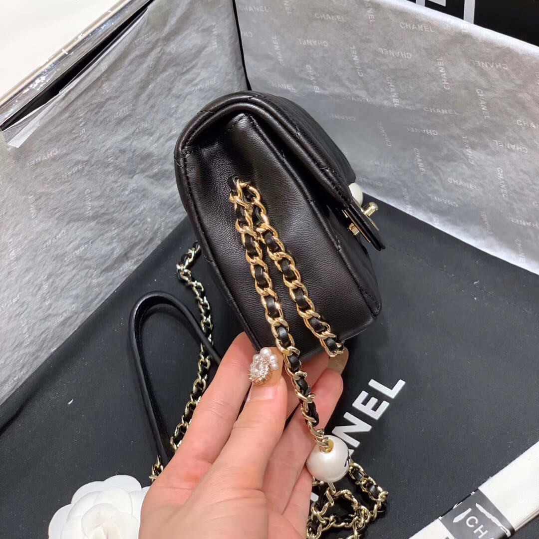 Chanel Small Pearl Logo Strap Flap Bag AS1436 Black
