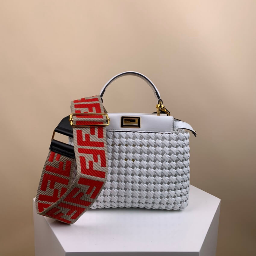 Fendi Peekaboo Iconic Mini Leather Interlace Bag 2031 White