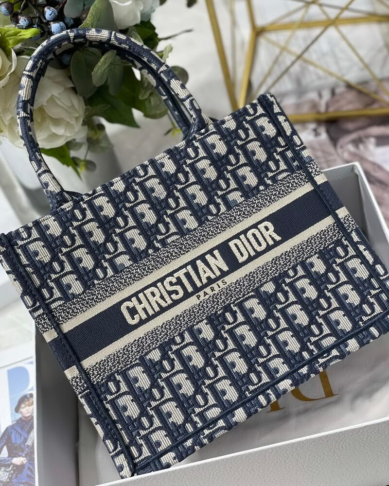 Christian Dior Small Book Tote Bag 26cm Oblique Embroidery Blue