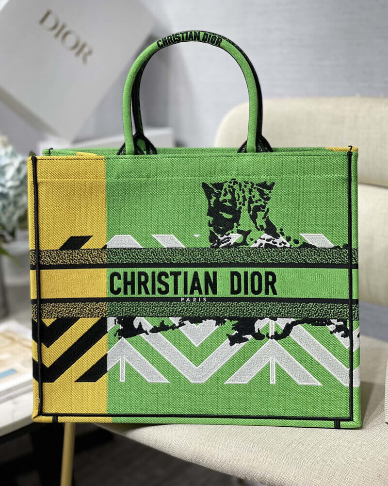 Christian Dior Large Book Tote Bright Green and Orange D-Jungle Pop Embroidery M1286