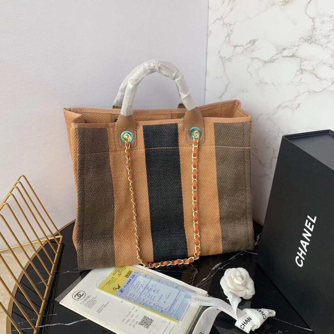 Chanel Straw Raffia Calfskin Striped Large Deauville Tote A93786