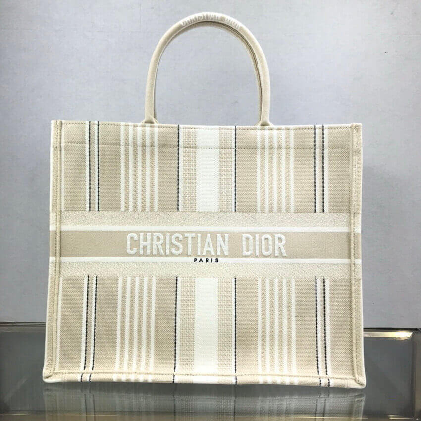 Dior Book Tote Beige Stripes Embroidery M1286