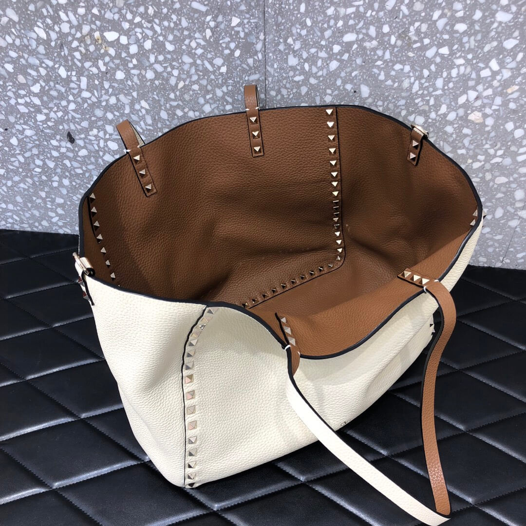 Valentino Garavani Medium Double Rockstud Reversible Tote Bag 0067J  Brown/White