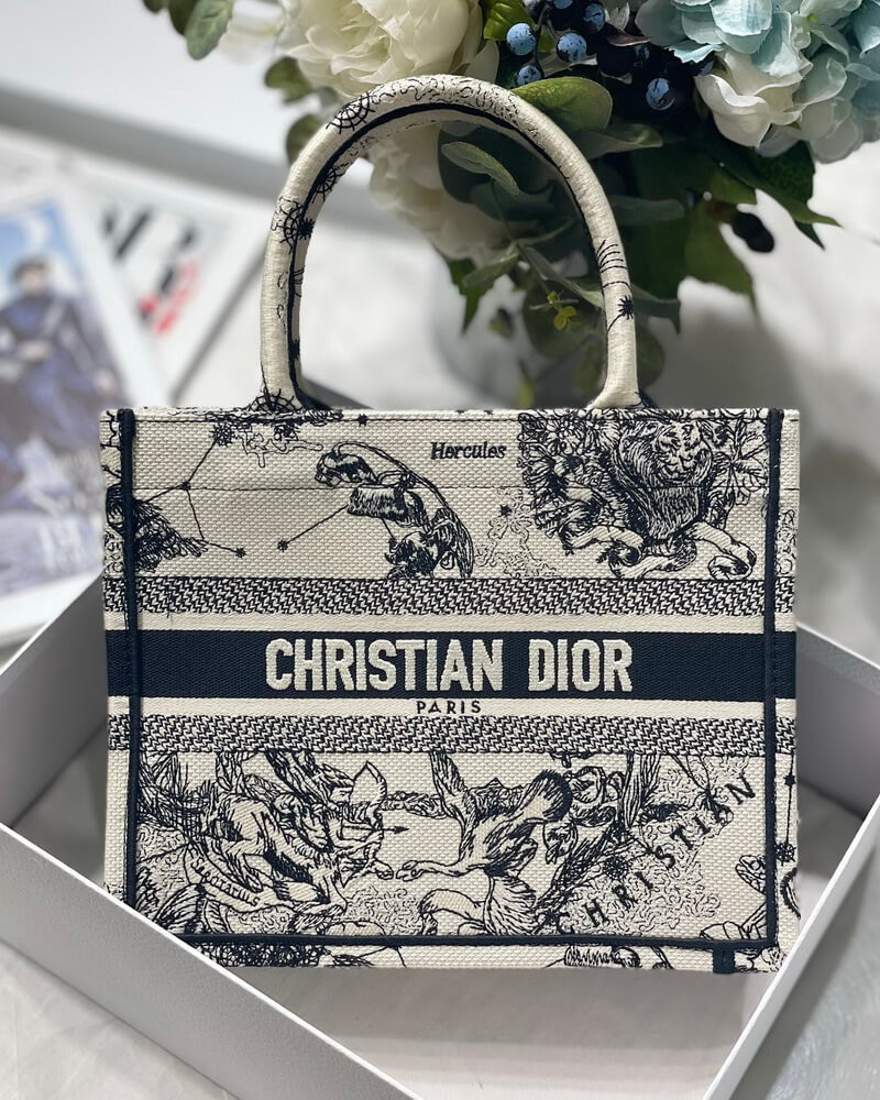 Christian Dior Small Book Tote Bag 26cm Latte Toile De Jouy Zodiac Embroidery Beige