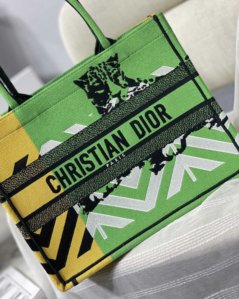 Christian Dior Medium Book Tote Bright Green and Orange D-Jungle Pop Embroidery M1296