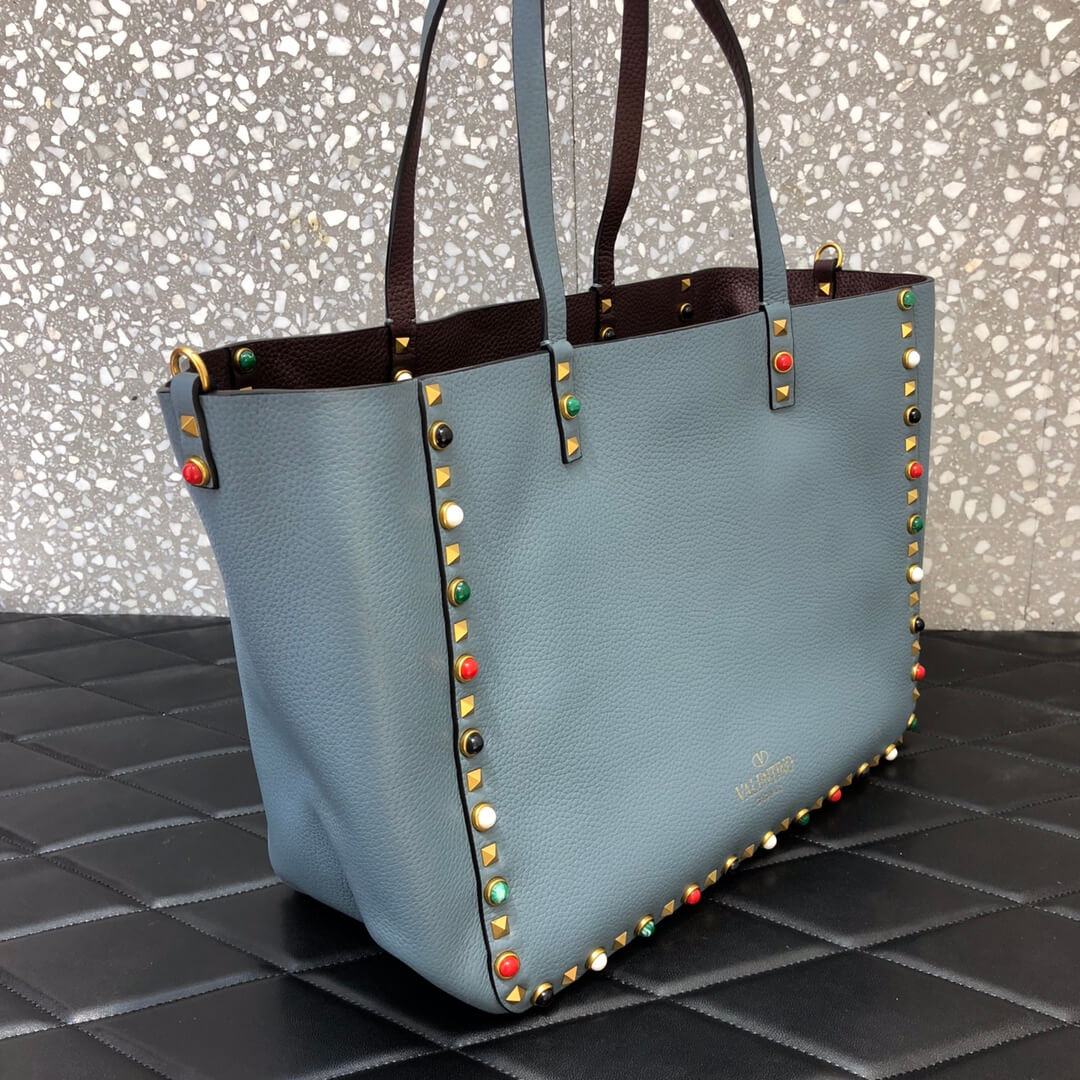 Valentino Garavani Medium Double Rockstud Reversible Tote Bag 0067G Blue/Burgundy