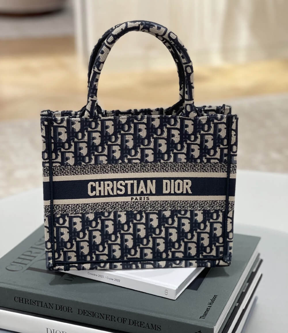 Christian Dior Small Book Tote Bag 26cm Oblique Embroidery Blue