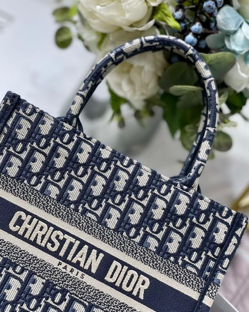 Christian Dior Small Book Tote Bag 26cm Oblique Embroidery Blue