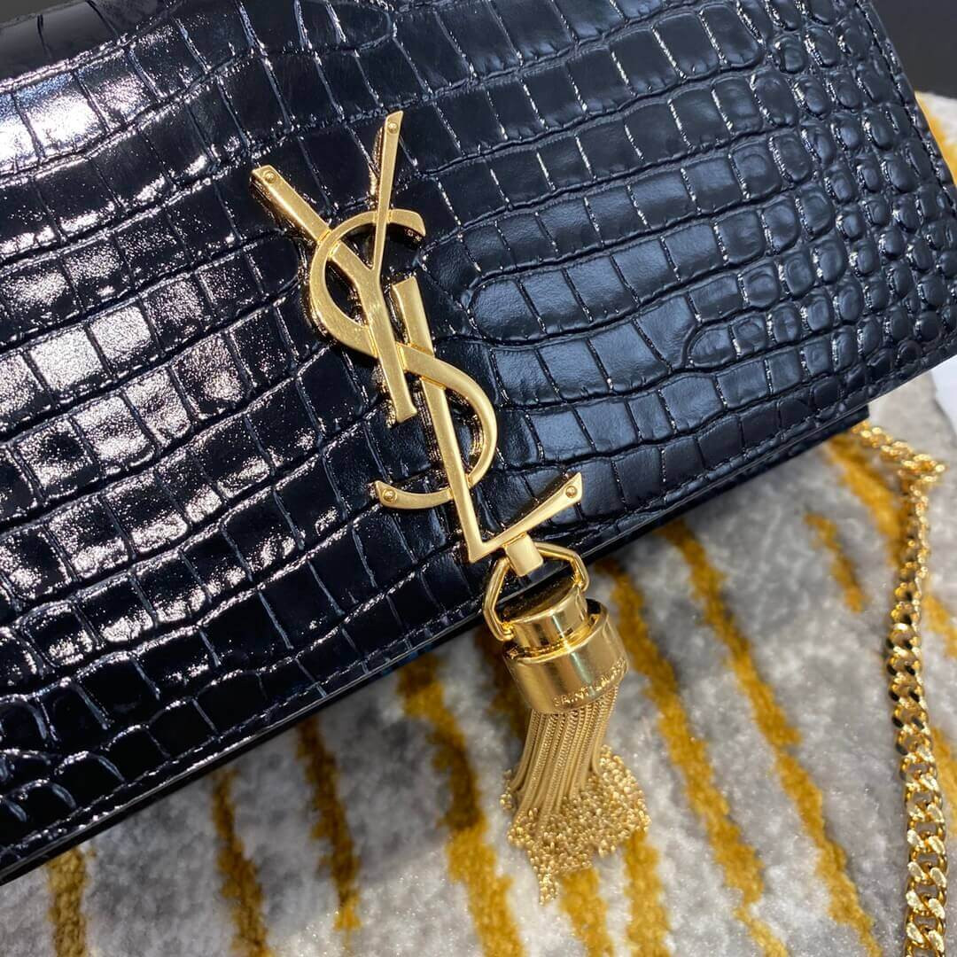YSL Saint Laurent Kate Chain Wallet With Tassel In Crocodile Embossed Leather 452159