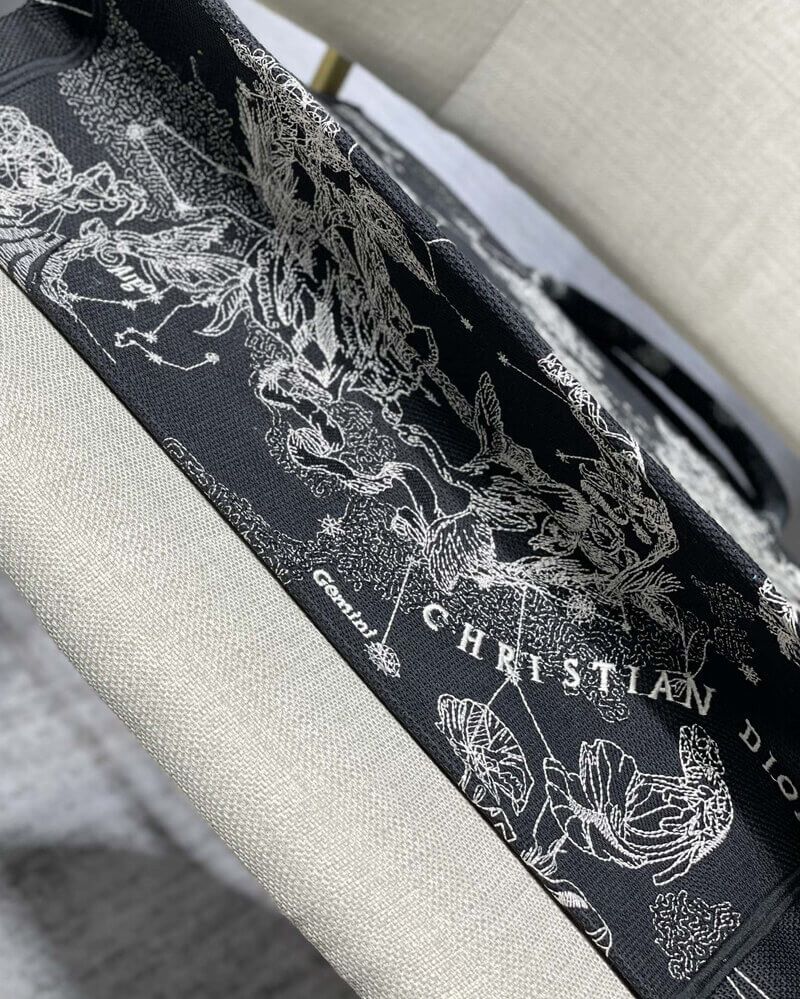 Christian Dior Large Book Tote Black Toile de Jouy Zodiac Embroidery M1286