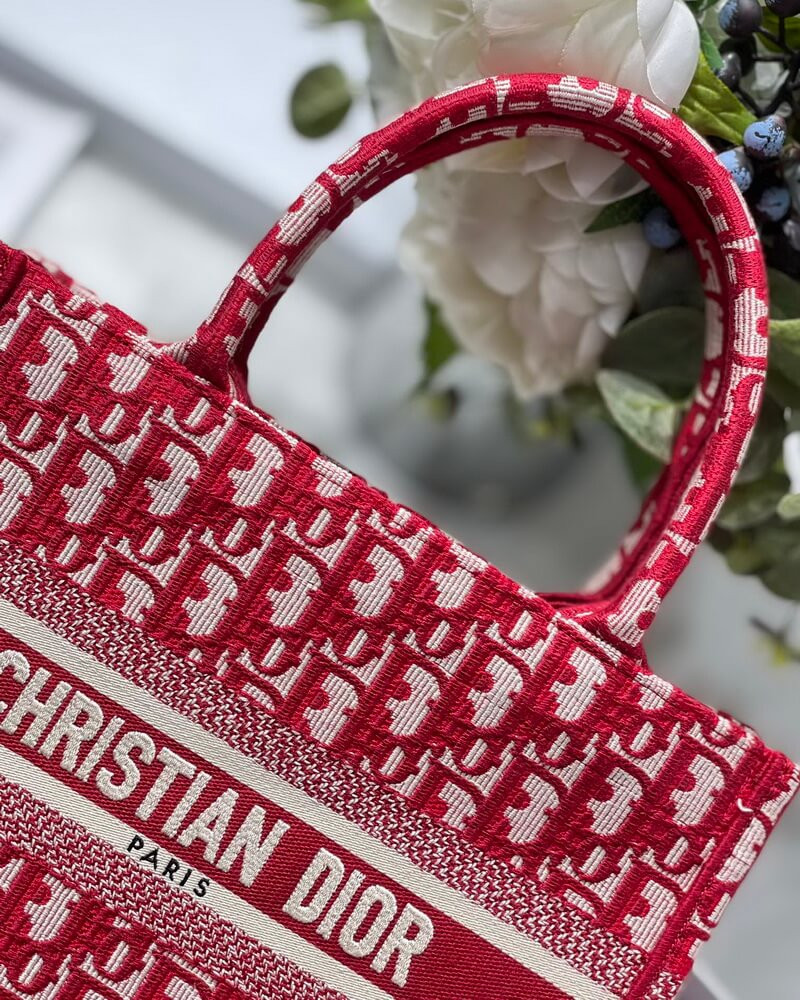 Christian Dior Small Book Tote Bag 26cm Oblique Embroidery Red