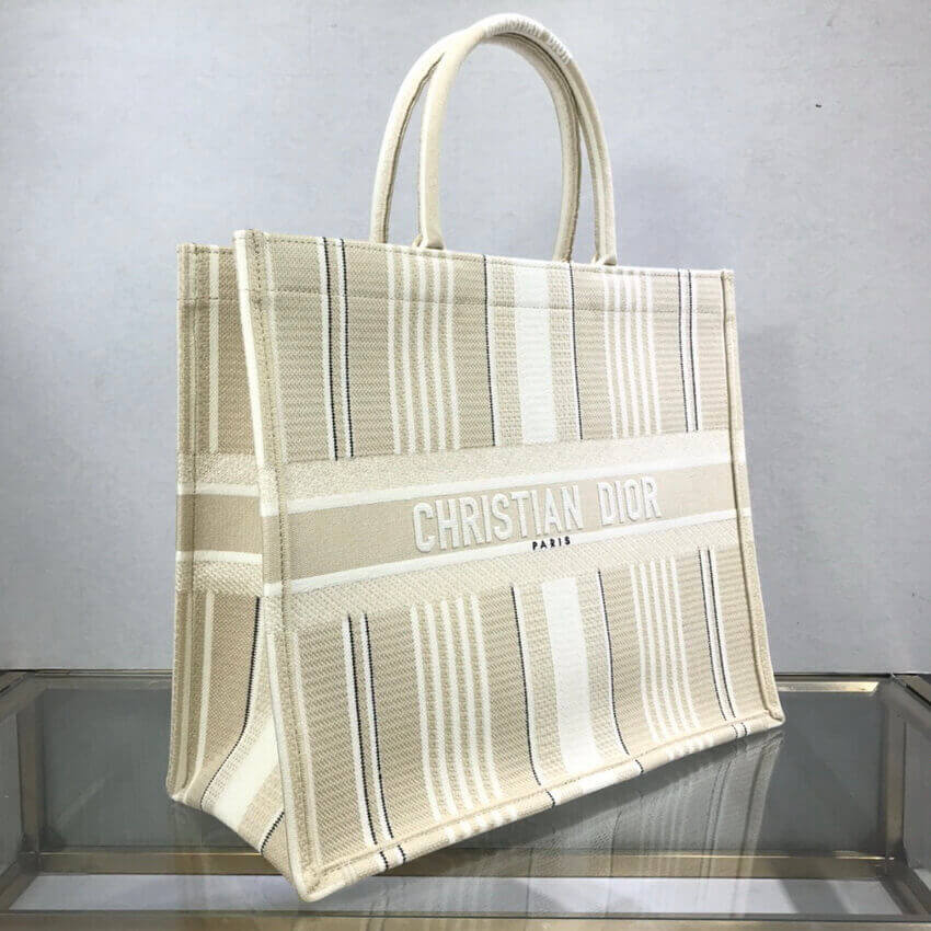 Dior Book Tote Beige Stripes Embroidery M1286