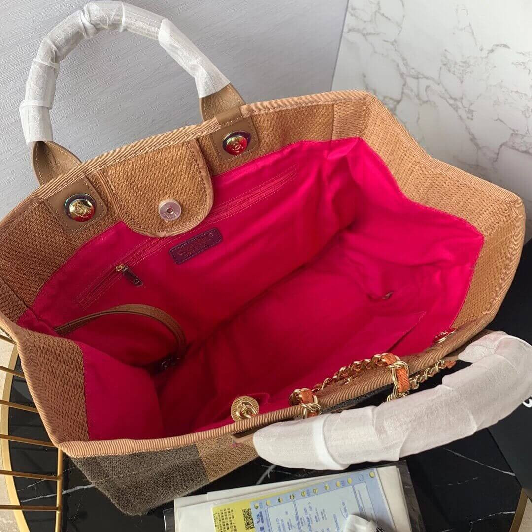 Chanel Straw Raffia Calfskin Striped Large Deauville Tote A93786