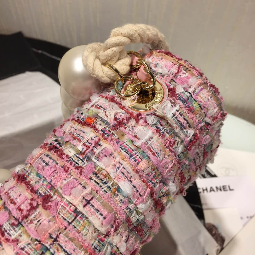 Chanel Tweed Flap Bag With Large Pearl Handle AS0593