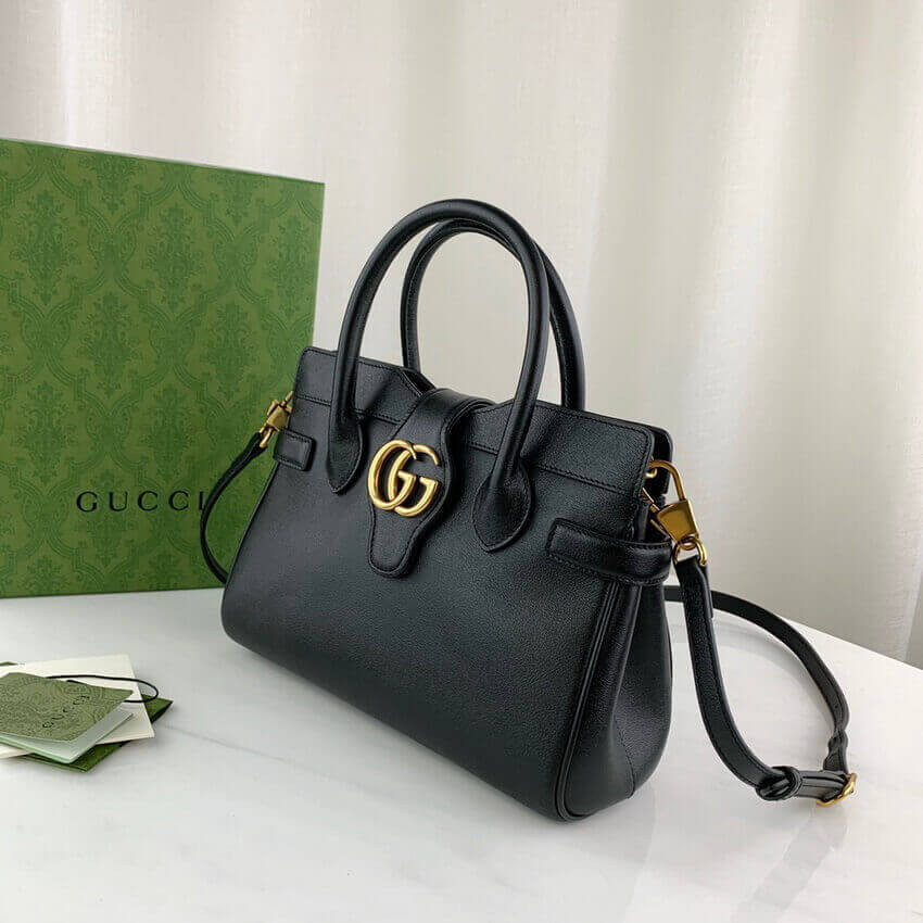 Gucci Small Top Handle Bag with Double G in Black Leather 658450