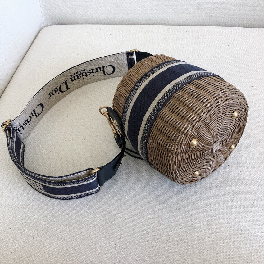 Christian Dior Wicker Basket Shoulder Bag Blue Oblique M7600