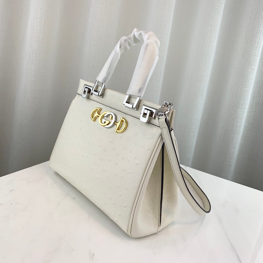 Gucci Zumi Ostrich Leather Medium Top Handle Bag 569712 White