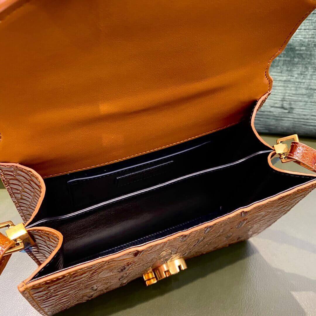 YSL Saint Laurent Cassandra Mini Top Handle Bag In Caiman Embossed Leather 602716 Brown