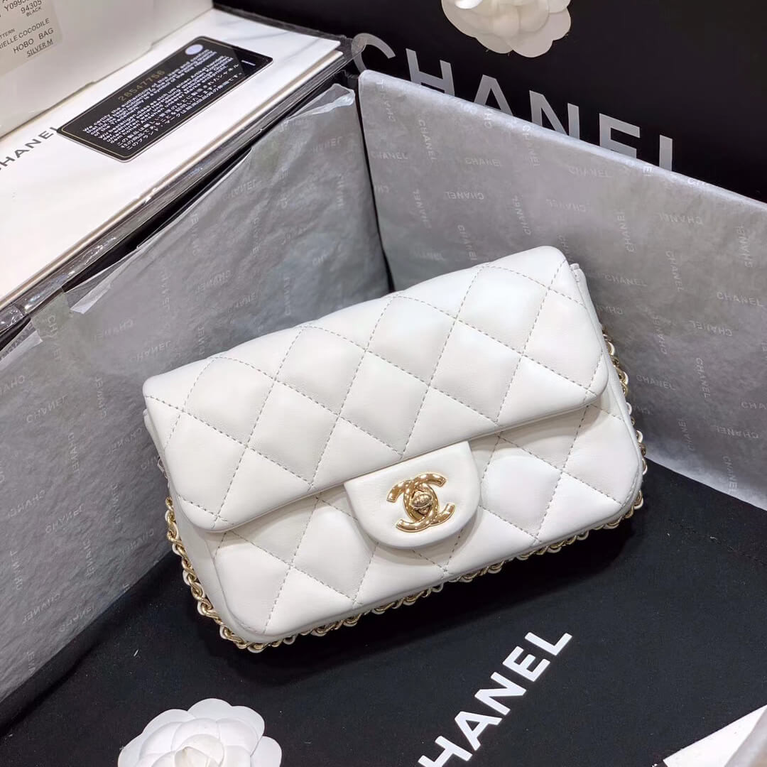 Chanel Small Pearl Logo Strap Flap Bag AS1436 White