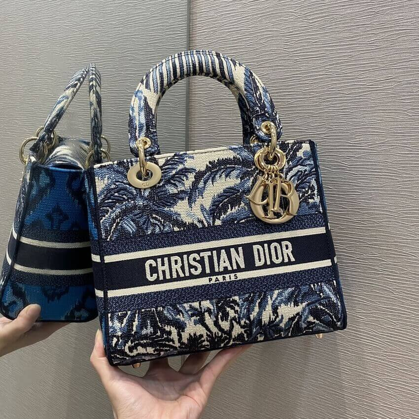 Dior Medium Lady D-Lite Bag Blue Dior Palms Embroidery M0565