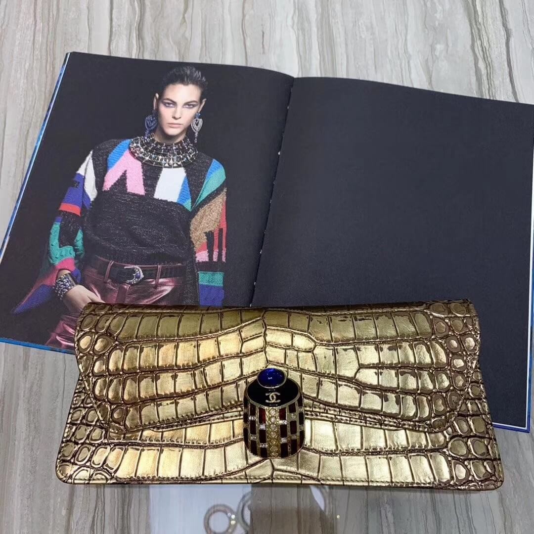 Chanel Metallic Crocodile Embossed Clutch AS0857