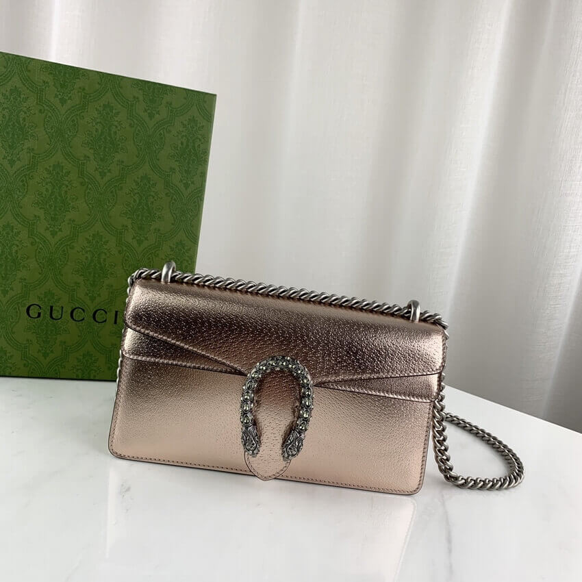 Gucci Dionysus Small Shoulder Bag in Rose Gold Lame Leather 499623